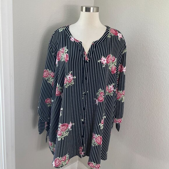 Catherines Womens Plus Size 3X Floral Stripe Tunic Top V Neck Tie Cuff Shirt - Picture 1 of 10